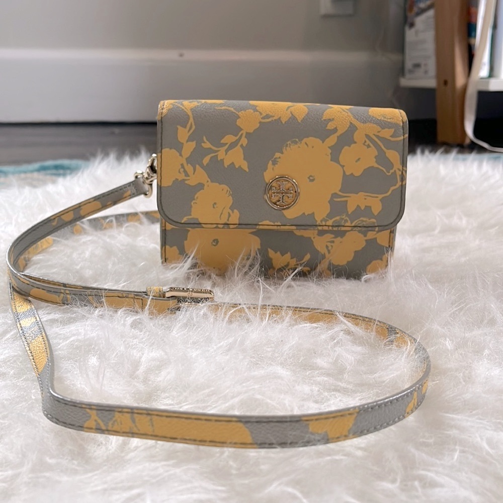 Tory Burch mini gray and yellow flower crossbody